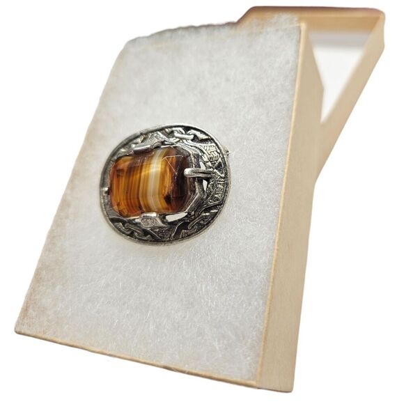 Celtic Pewter Brooch with Yellow Agate Square Stone Agate - Picture 2 of 5